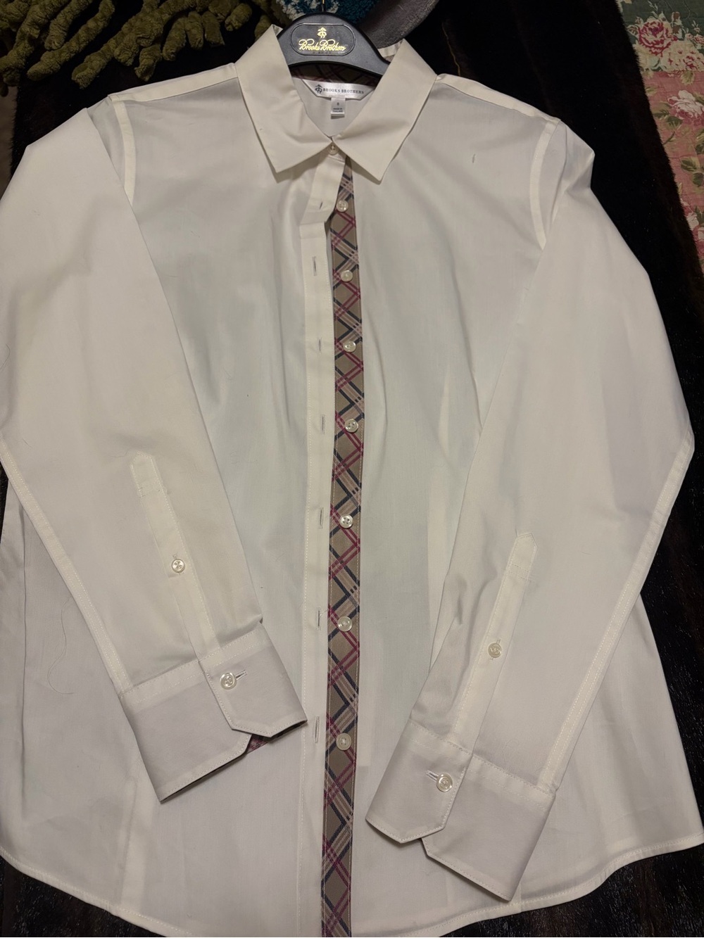 NWT Brooks Brothers white cotton button down shirt with plaid trim 8